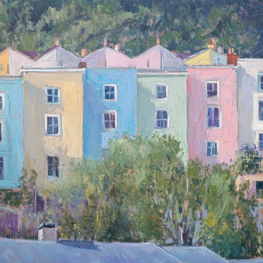 Rear of colourful houses in Cliftonwood
